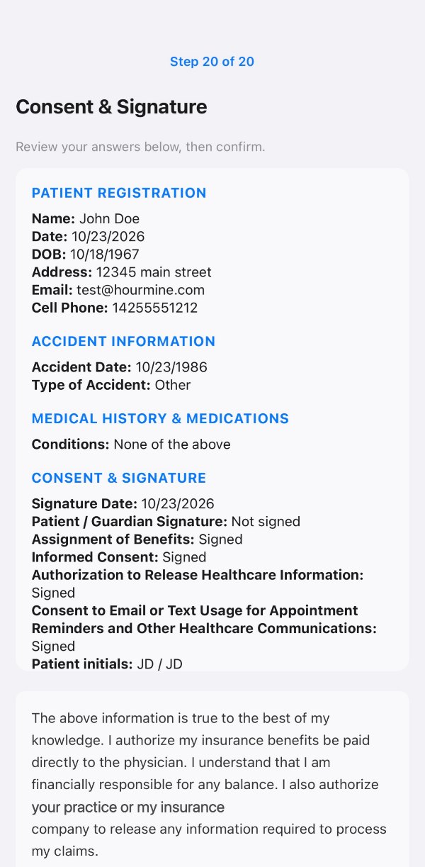 HourMine mobile intake form, final step: patient reviews registration, medical history and consent answers