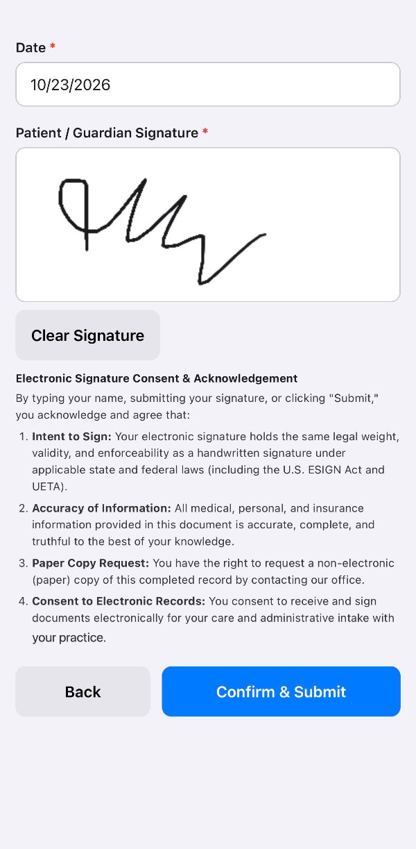 HourMine mobile intake form: patient signs with a finger and taps Confirm and Submit